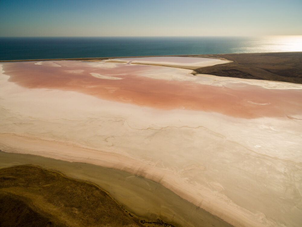 Luchtfoto van een roze en witte zoutvlakte aan een donkerblauwe zee